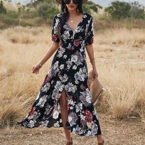 boho floral print v neck slit black midi dress